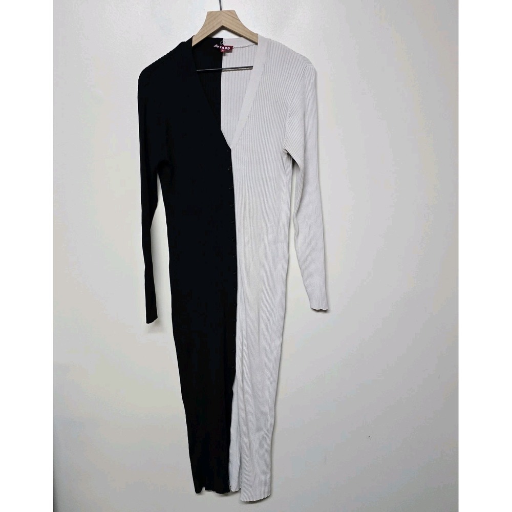 STAUD Shoko Sweater Cardigan Dress Black Beige Ribbed Long Sleeve Colorblock XL - Picture 1 of 7